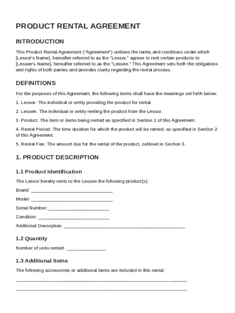 Product Rental Agreement Template Preview on Page 1