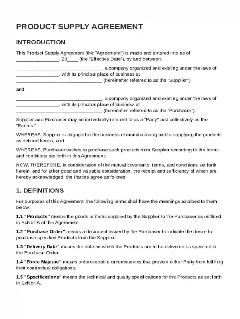 Product Supply Agreement Template Preview on Page 1