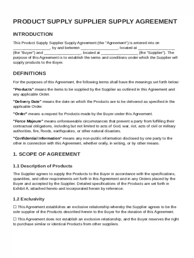 Product Supply Supplier Supply Agreement Template Preview on Page 1