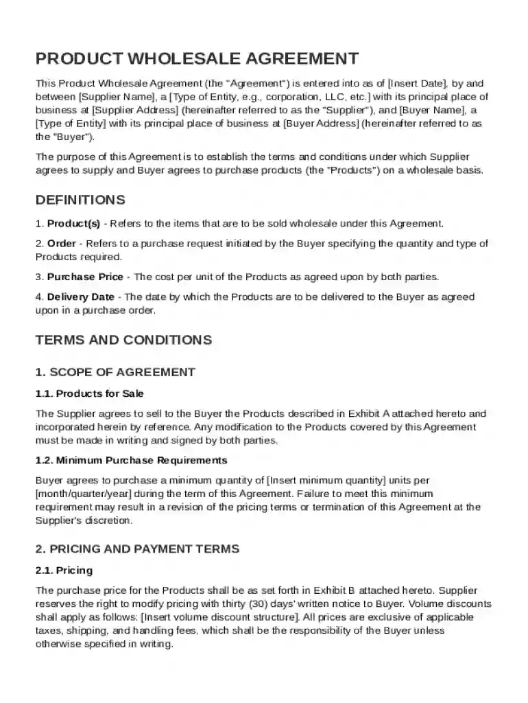 Product Wholesale Agreement Template Preview on Page 1