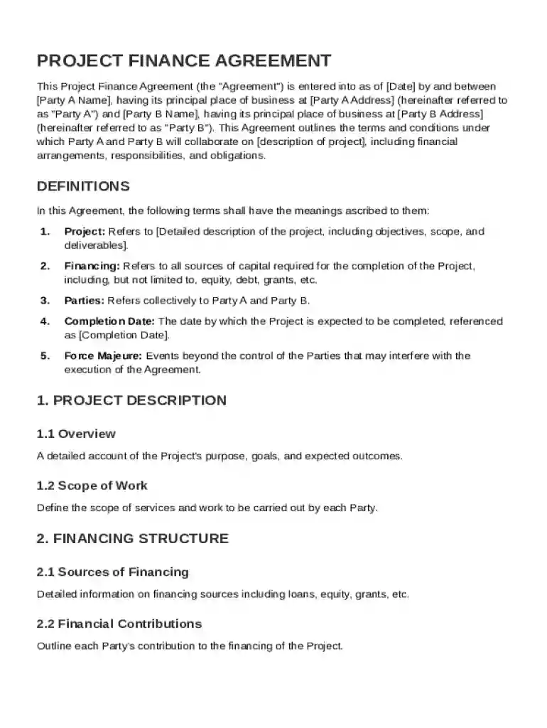 Project Finance Agreement Template Preview on Page 1