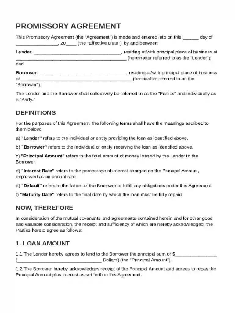 Promissory Agreement Template Preview on Page 1
