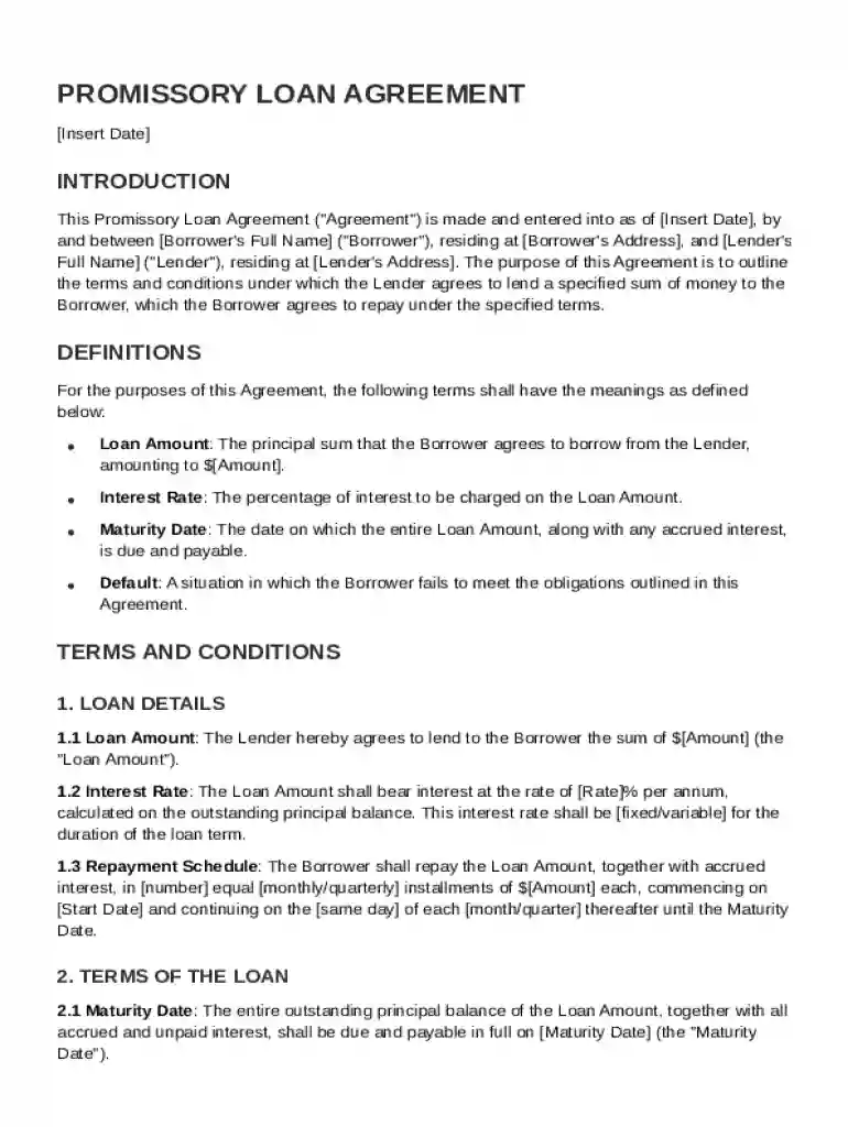 Promissory Loan Agreement Template Preview on Page 1