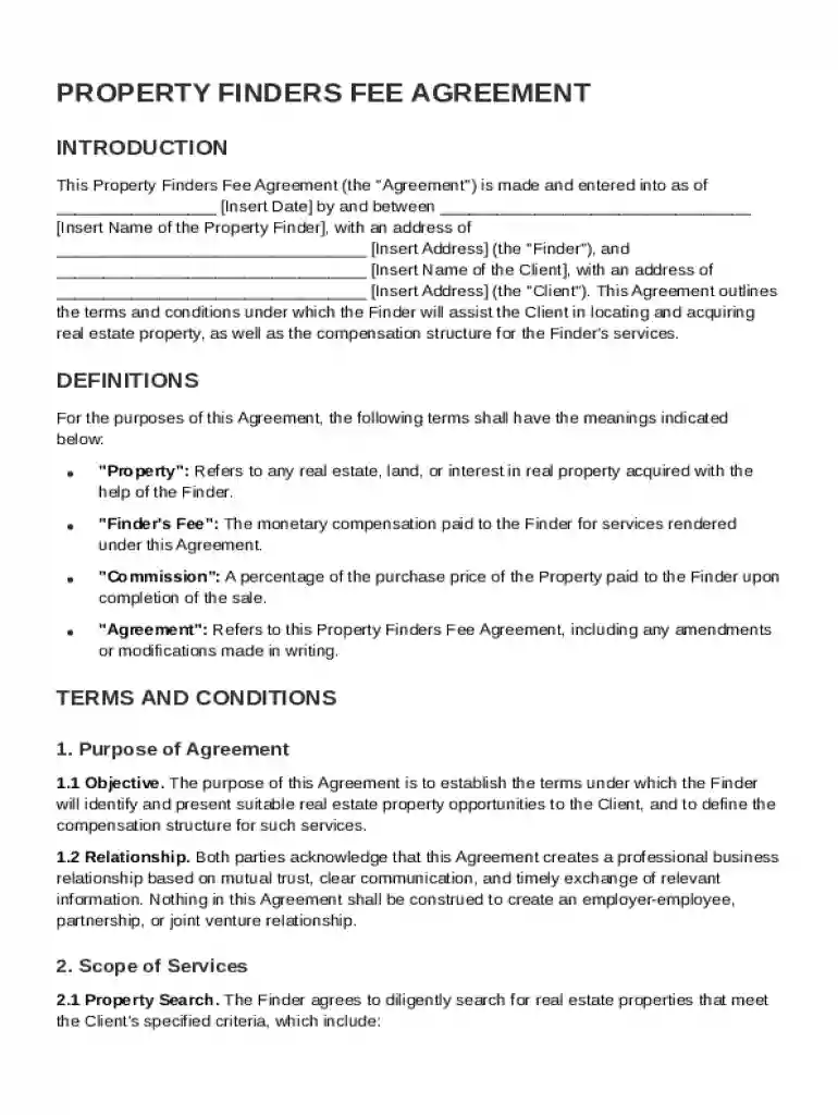 Property Finders Fee Agreement Template Preview on Page 1