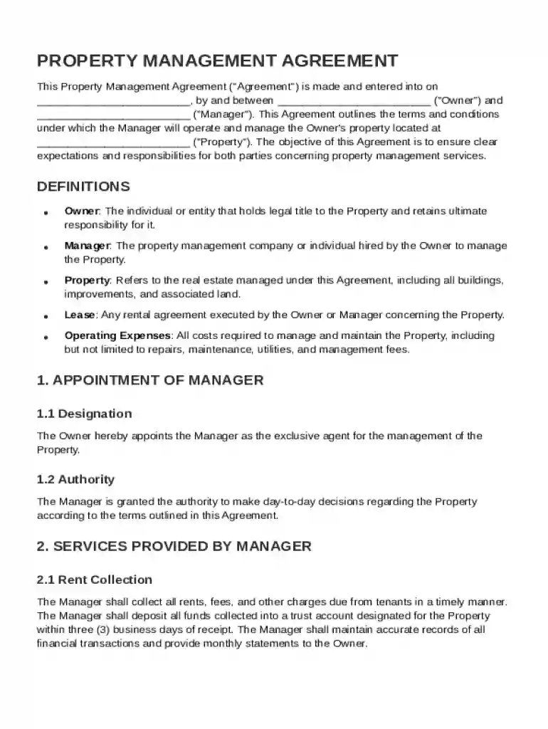 Property Management Agreement Template Preview on Page 1