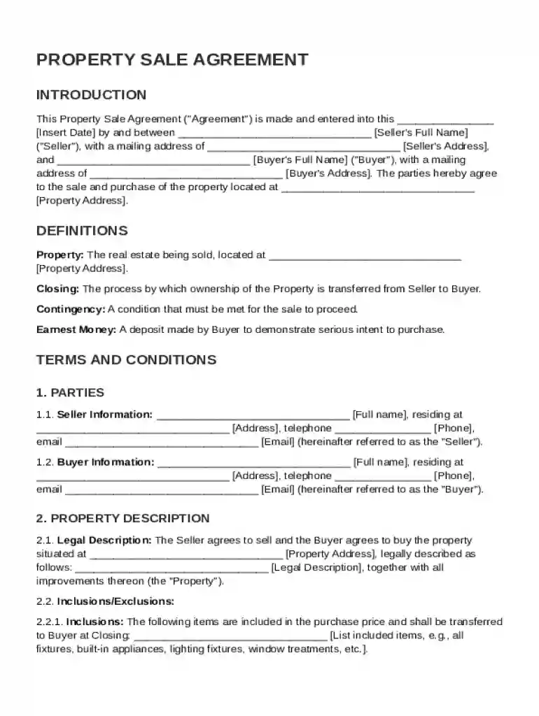 Property Sale Agreement Template Preview on Page 1