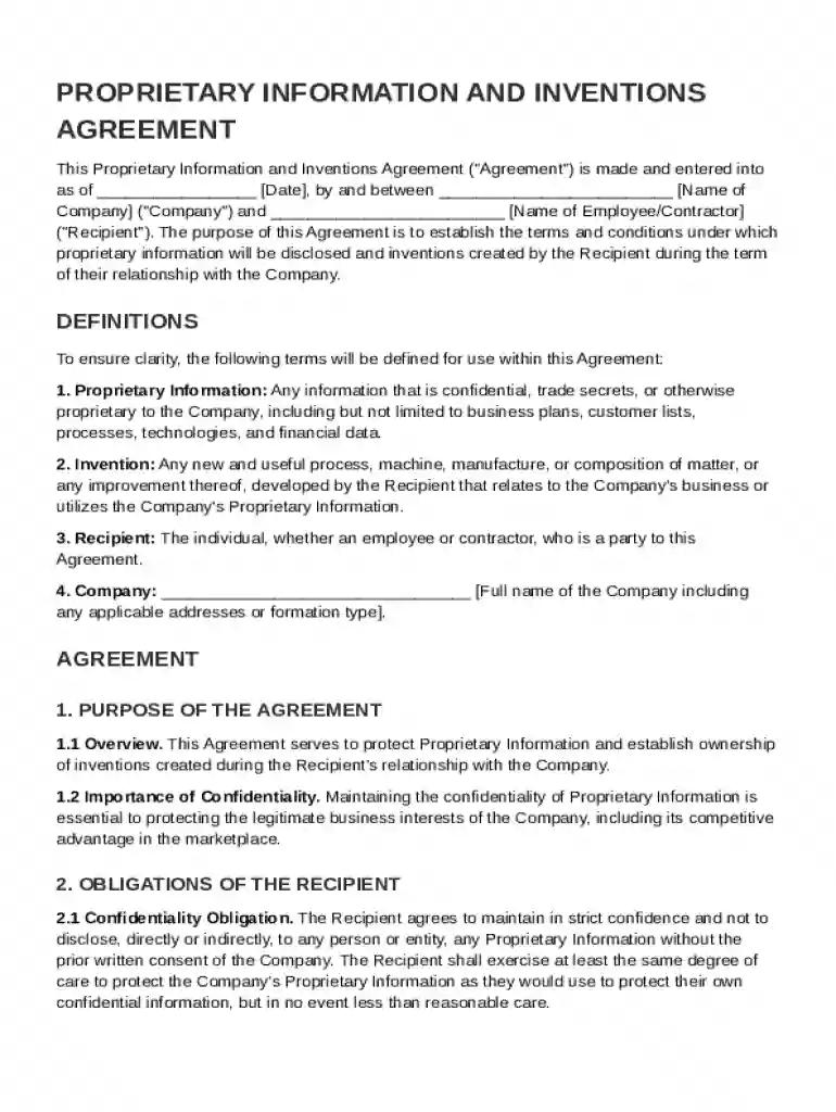Proprietary Ination and Inventions Agreement Template Preview on Page 1
