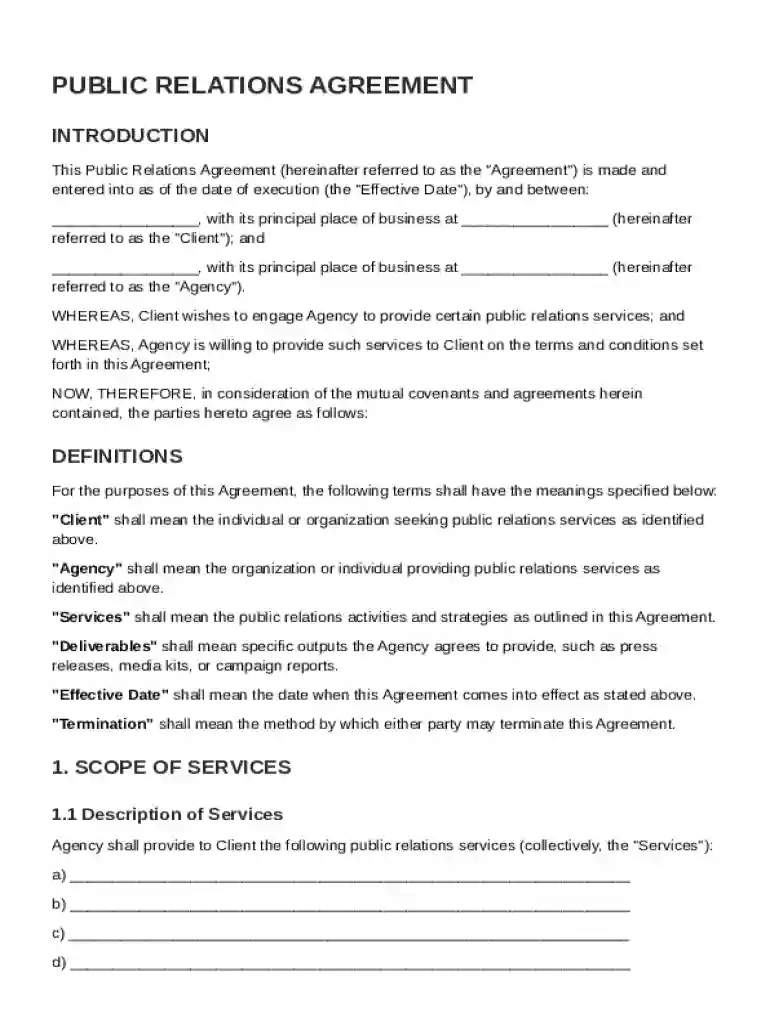Public Relations Agreement Template Preview on Page 1