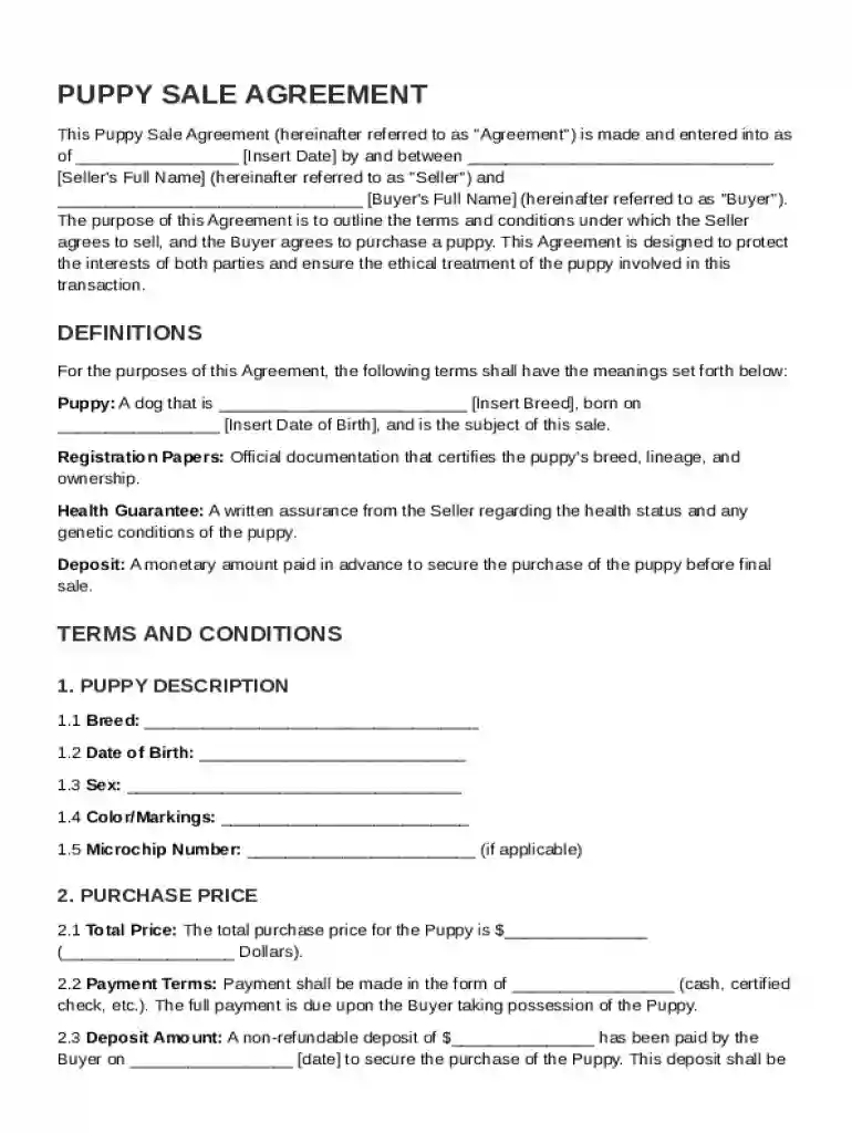 Puppy Sale Agreement Template Preview on Page 1