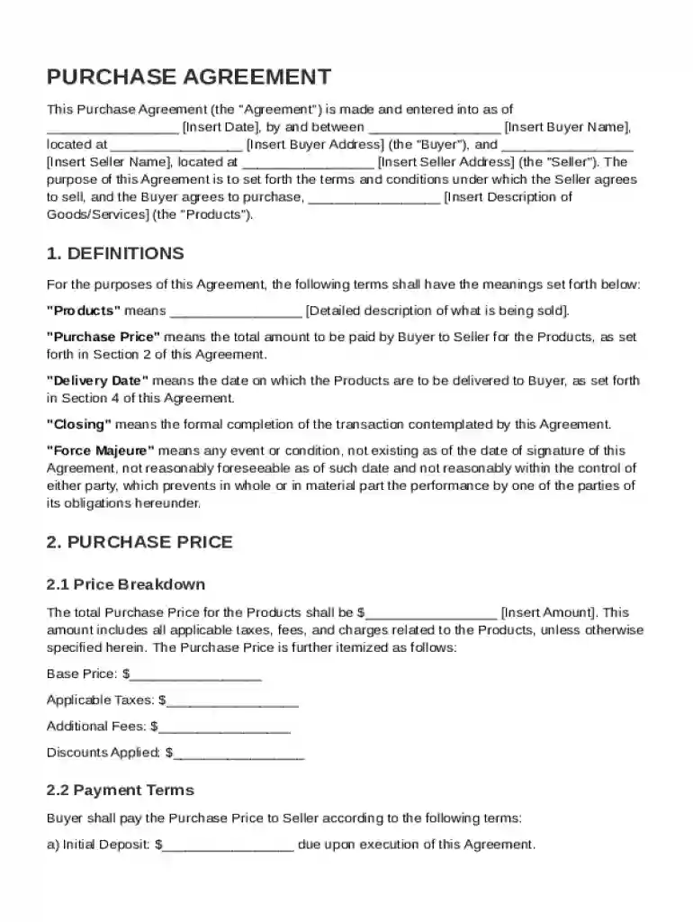 Purchase Agreement Template Preview on Page 1