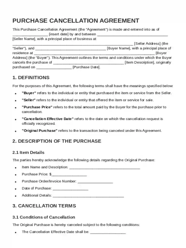 Purchase Cancellation Agreement Template Preview on Page 1