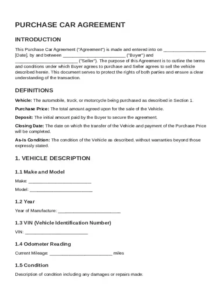 Purchase Car Agreement Template Preview on Page 1