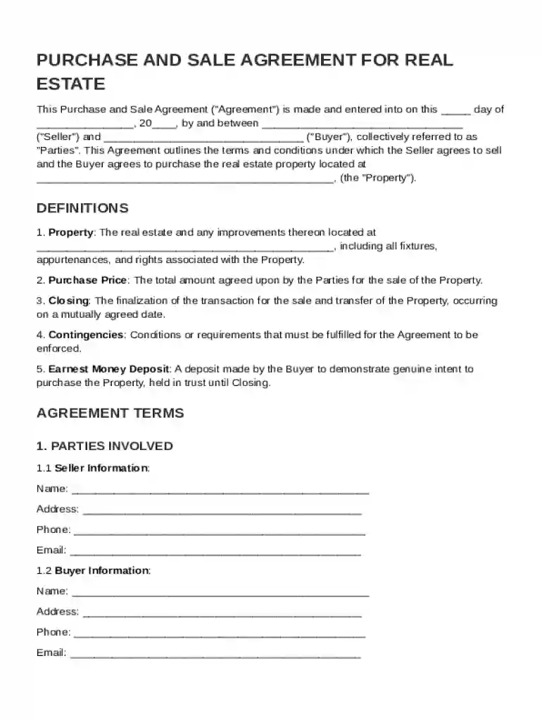 Purchase Sale Real Estate Agreement Template Preview on Page 1