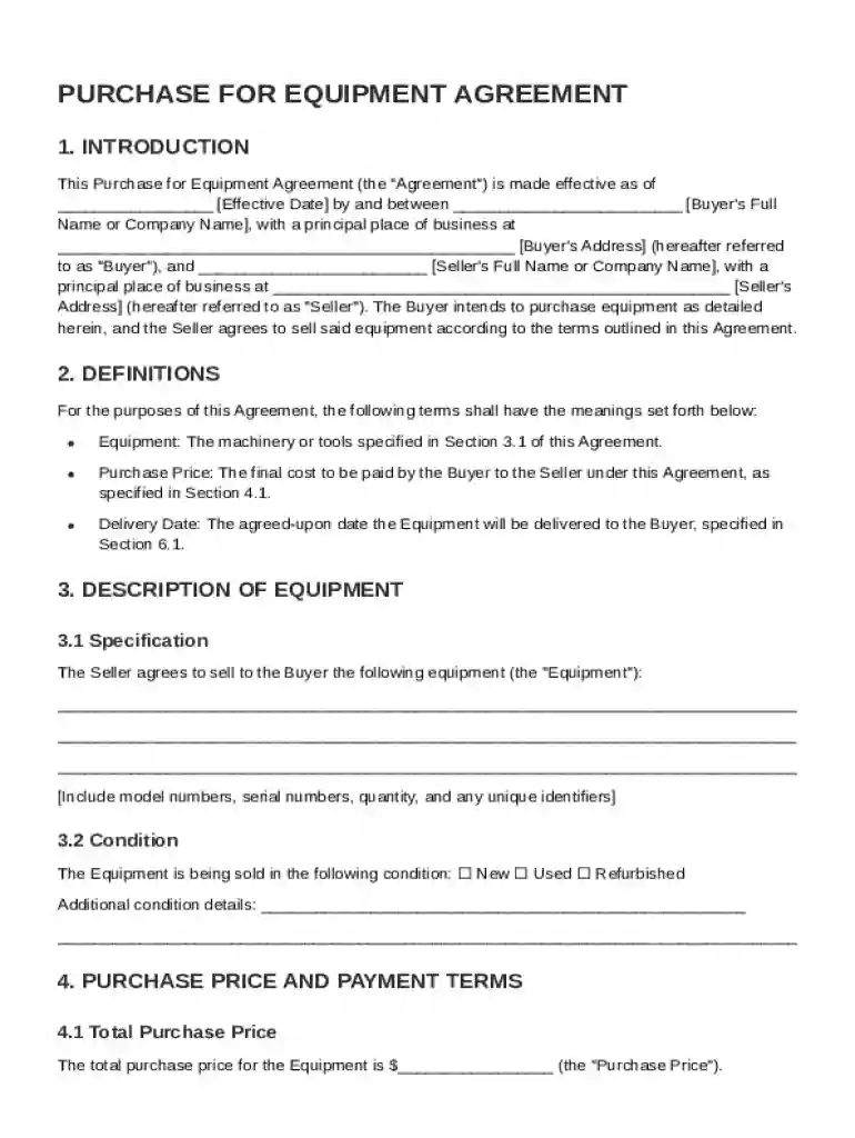 Purchase for Equipment Agreement Template Preview on Page 1