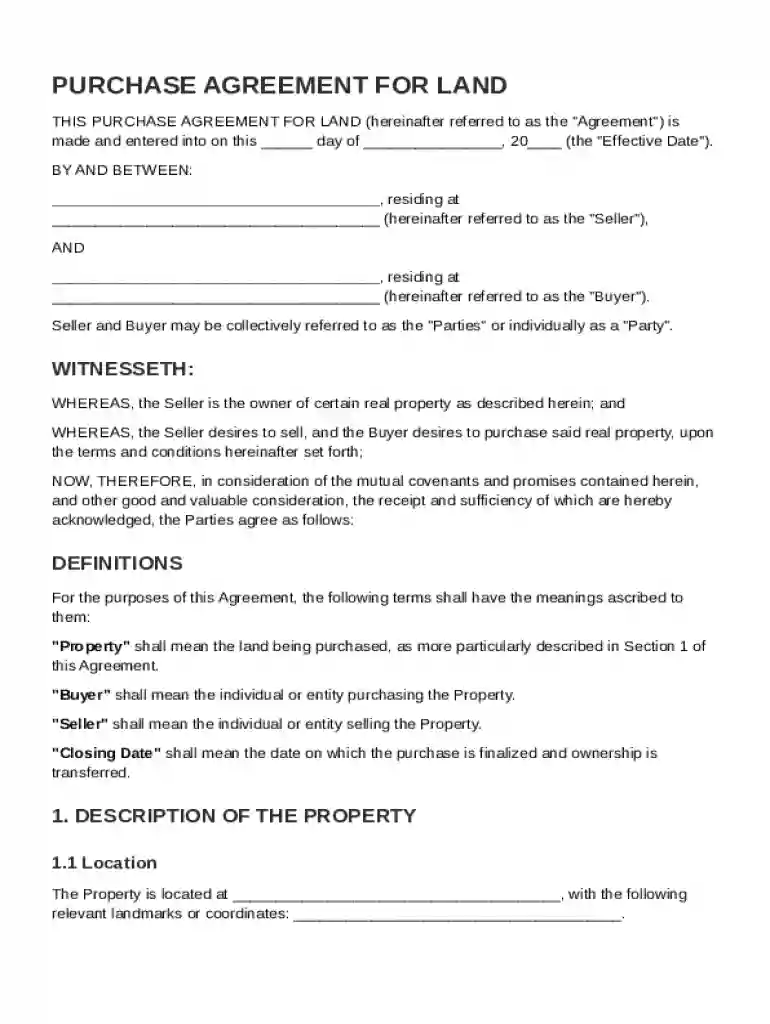 Purchase for Land Agreement Template Preview on Page 1