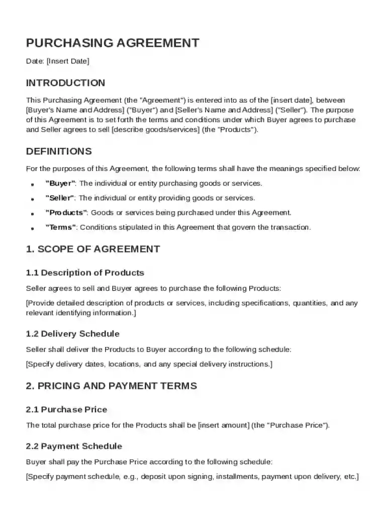 Purchasing Agreement Template Preview on Page 1