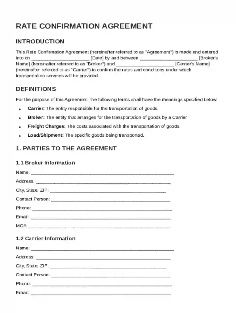 Rate Confirmation Agreement Template Preview on Page 1