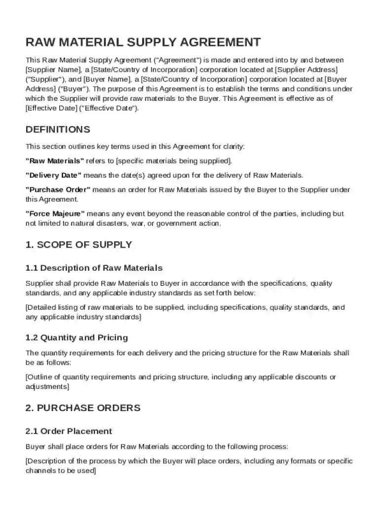 Raw Material Supply Agreement Template Preview on Page 1