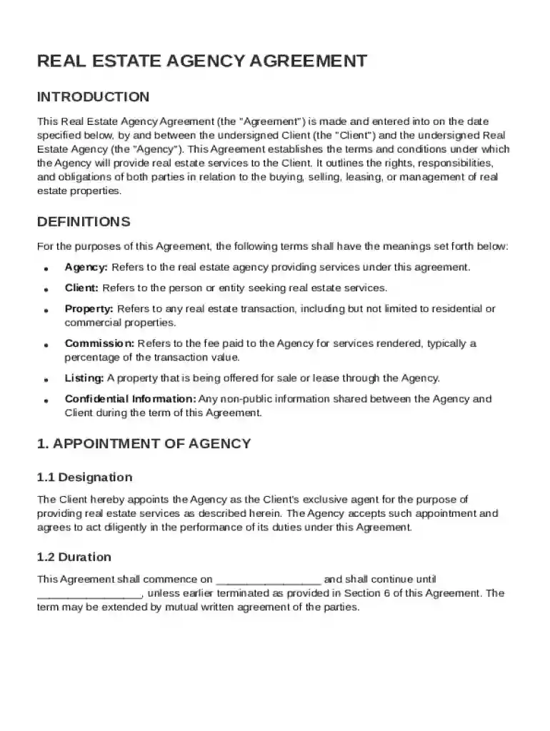 Real Estate Agency Agreement Template Preview on Page 1