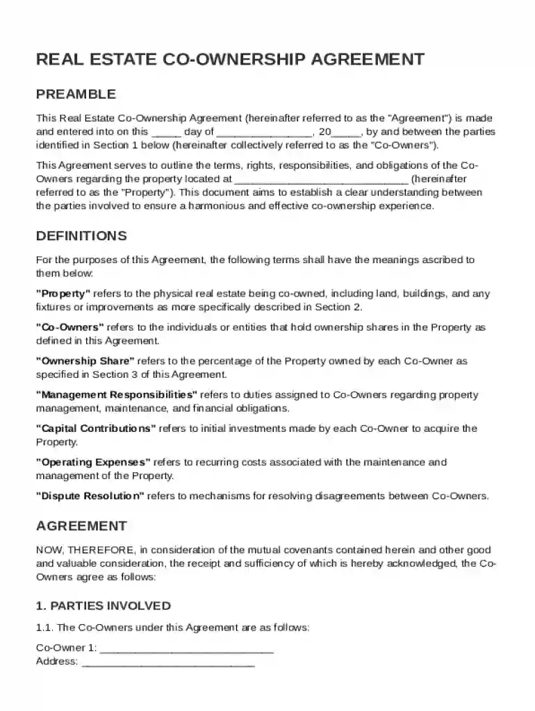 Real Estate Co Ownership Agreement Template Preview on Page 1