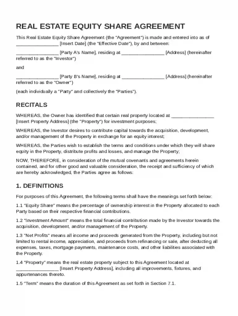 Real Estate Equity Share Agreement Template Preview on Page 1
