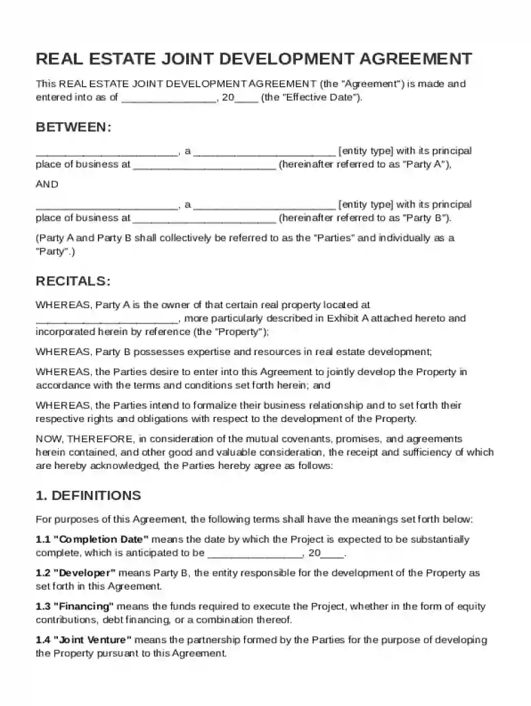 Real Estate Joint Development Agreement Template Preview on Page 1