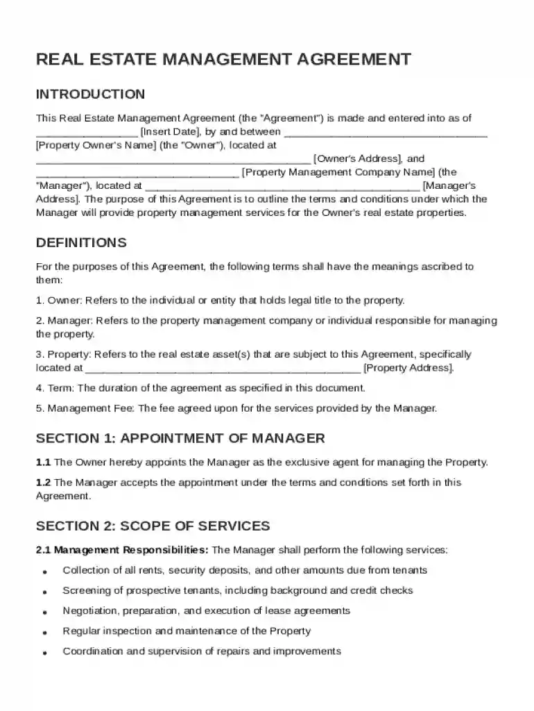 Real Estate Management Agreement Template Preview on Page 1