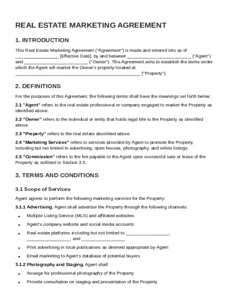 Real Estate Marketing Agreement Template Preview on Page 1