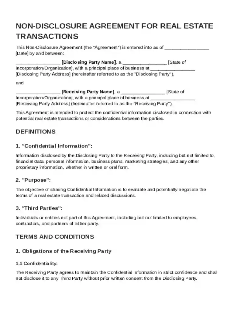 Real Estate Non Disclosure Agreement Template Preview on Page 1