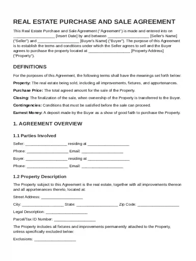 Real Estate Purchase and Sale Agreement Template Preview on Page 1