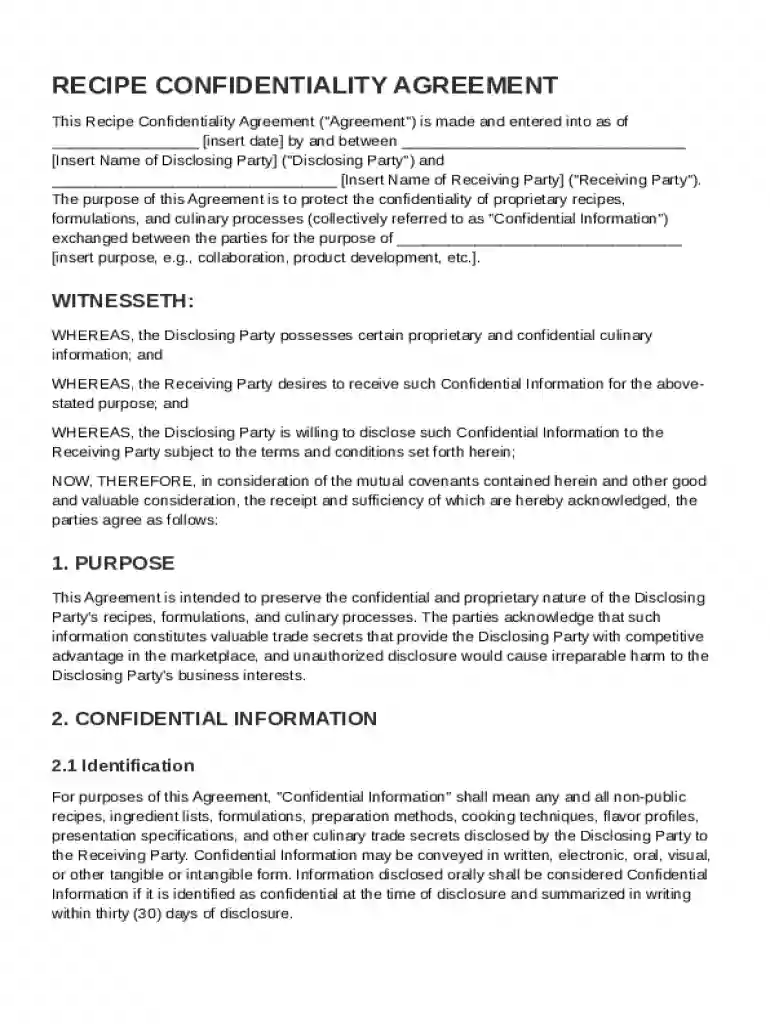 Recipe Confidentiality Agreement Template Preview on Page 1