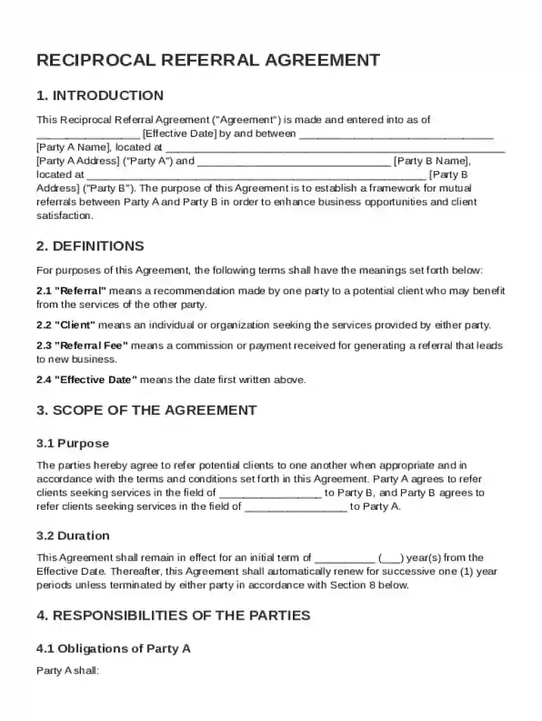 Reciprocal Referral Agreement Template Preview on Page 1