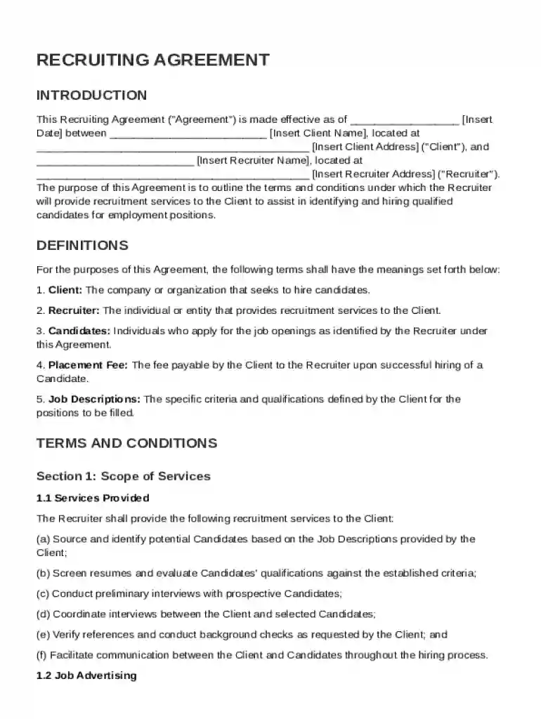 Recruiting Agreement Template Preview on Page 1