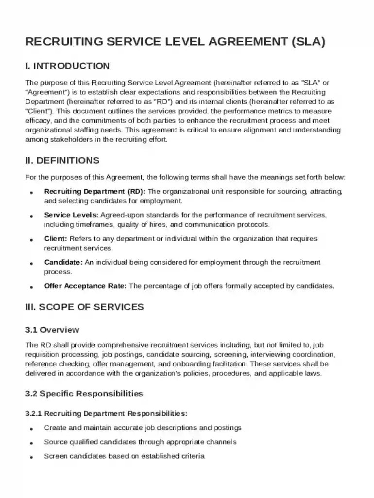 Recruiting Service Level Agreement Template Preview on Page 1