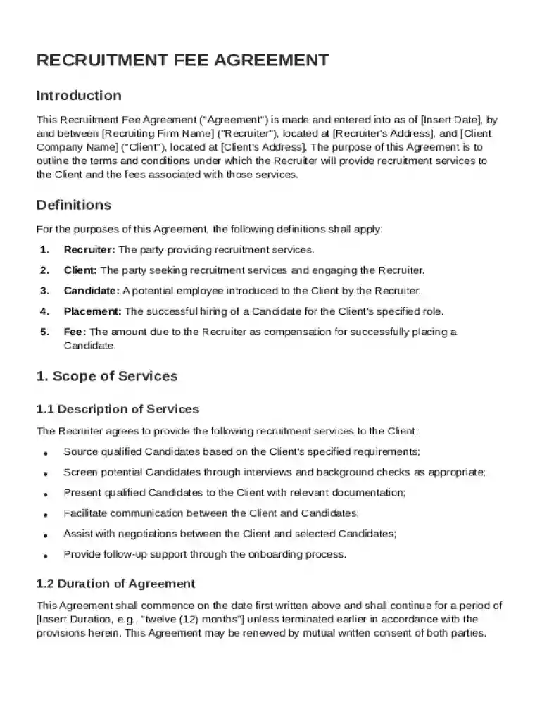 Recruitment Fee Agreement Template Preview on Page 1