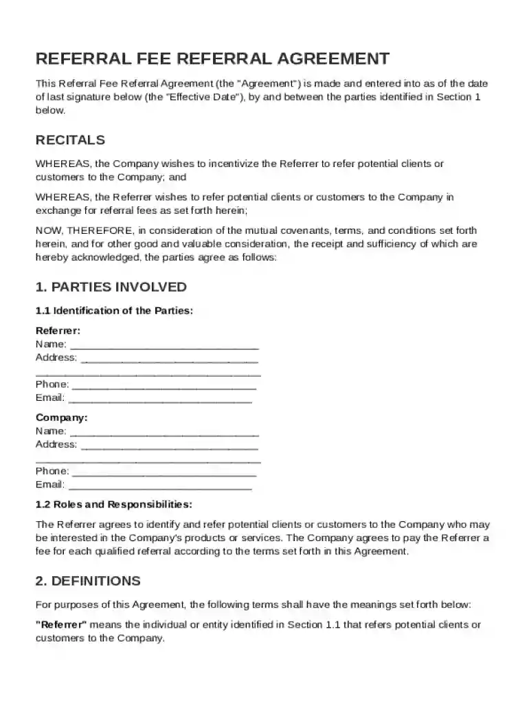 Referral Fee Referral Agreement Template Preview on Page 1