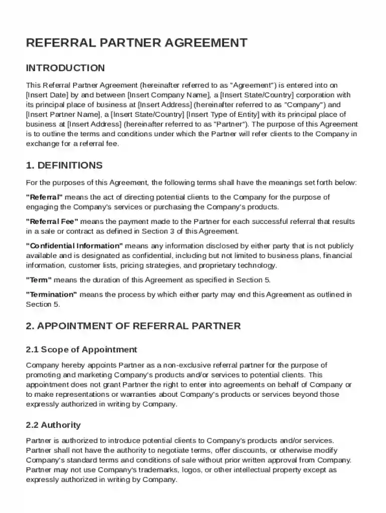 Referral Partner Agreement Template Preview on Page 1