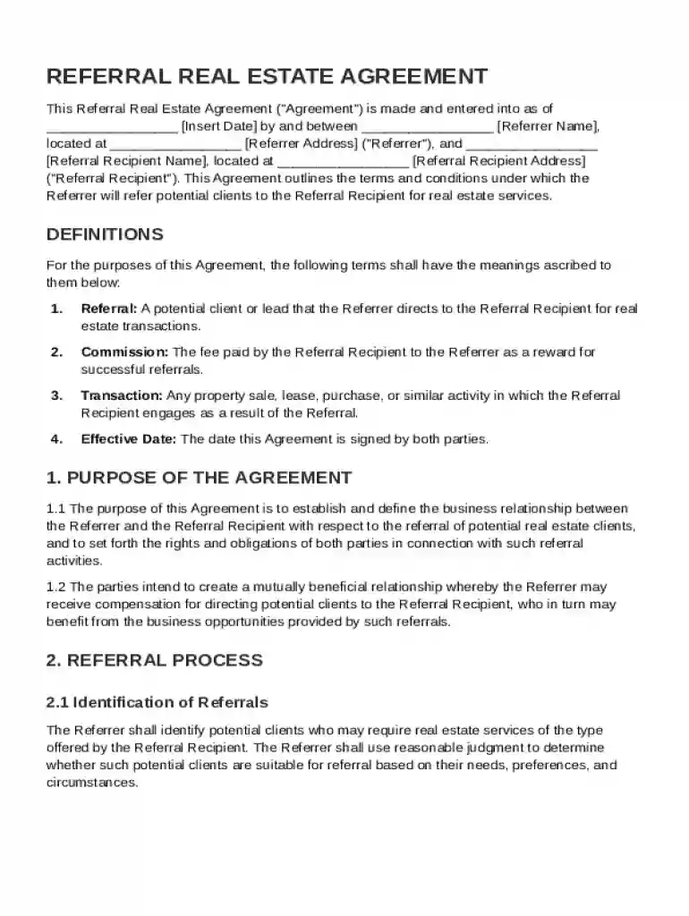 Referral Real Estate Agreement Template Preview on Page 1