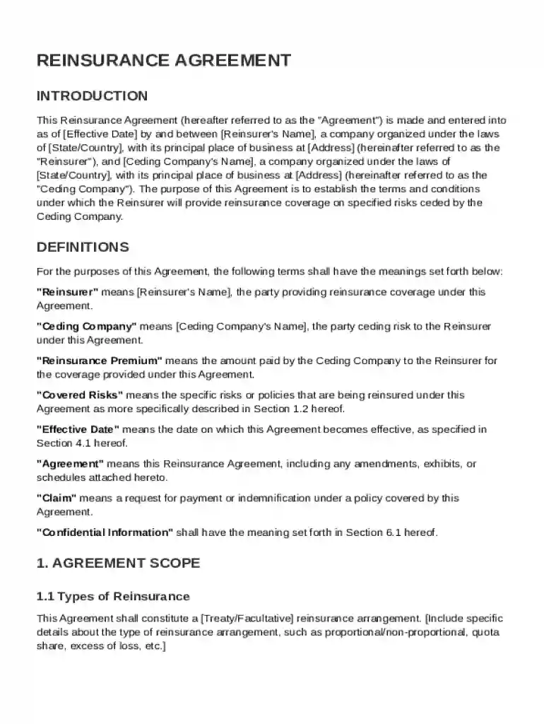 Reinsurance Agreement Template Preview on Page 1