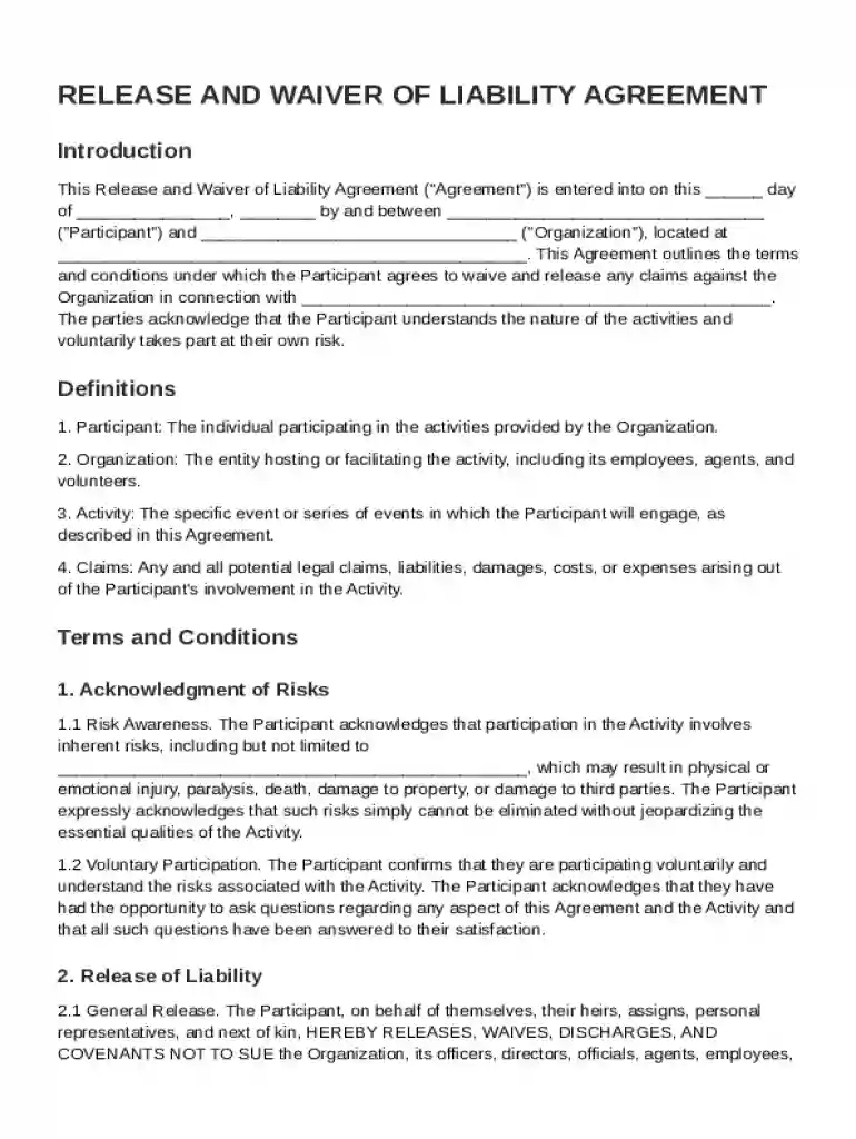 Release and Waiver of Liability Agreement Template Preview on Page 1