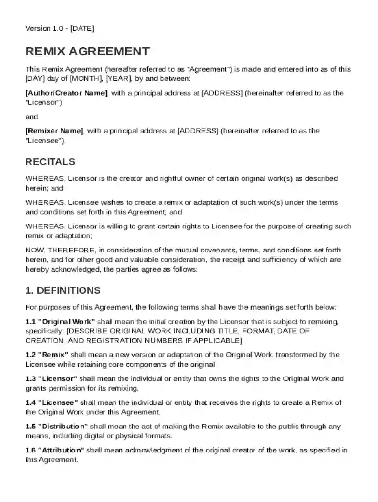 Remix Agreement Template Preview on Page 1