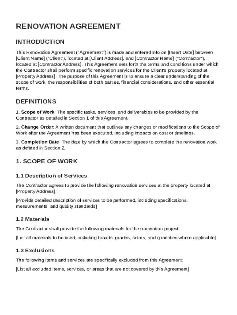 Renovation Agreement Template Preview on Page 1