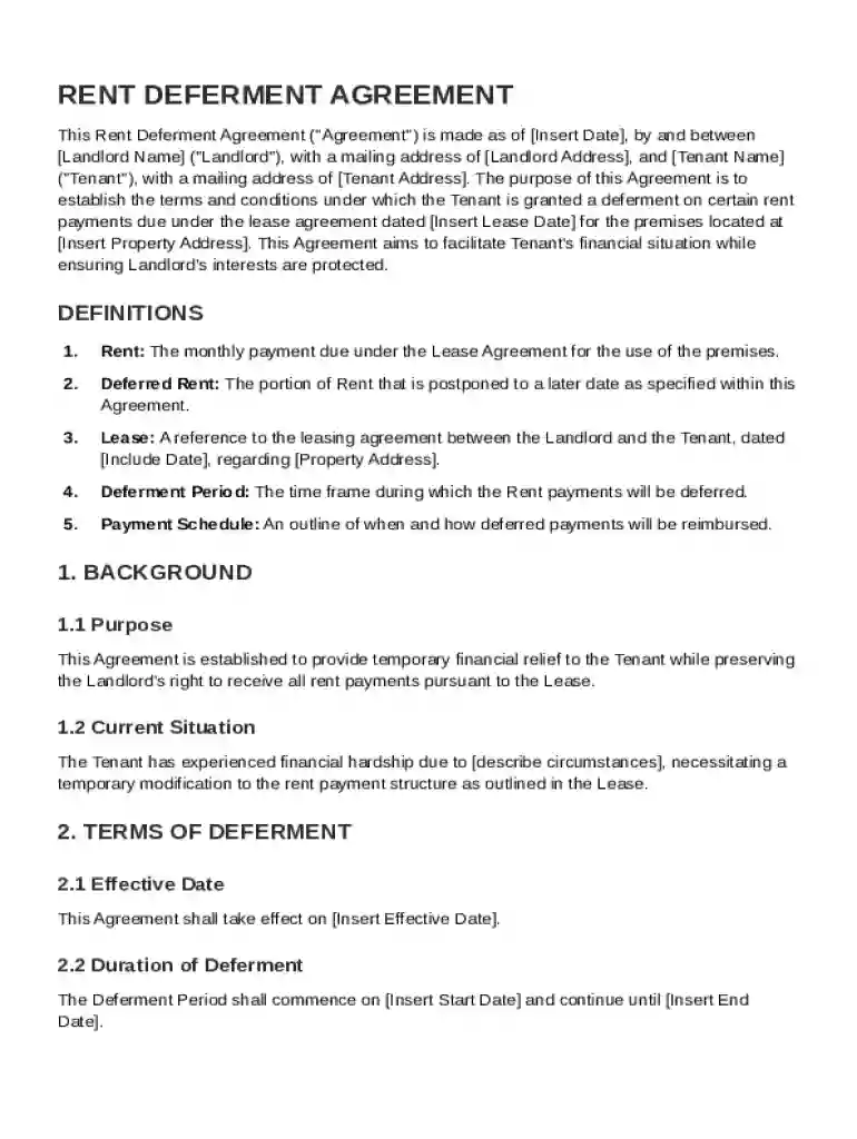 Rent Deferment Agreement Template Preview on Page 1