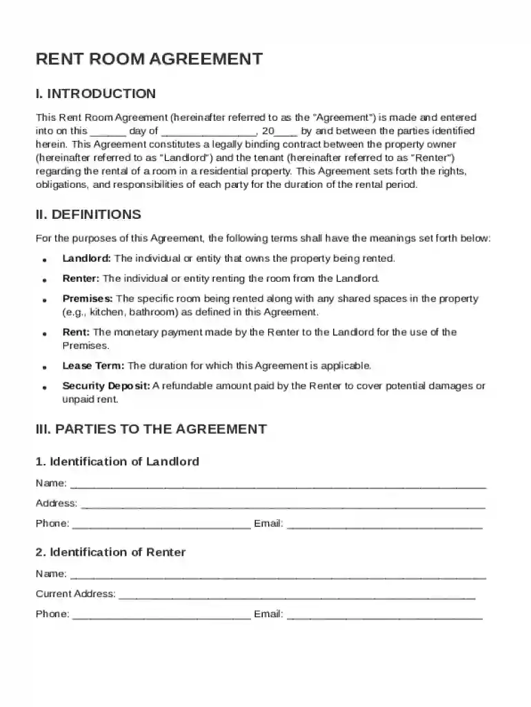 Rent Room Agreement Template Preview on Page 1