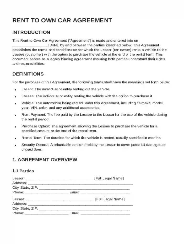 Rent to Own Car Agreement Template Preview on Page 1