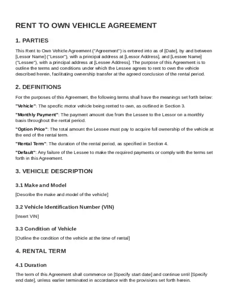 Rent to Own Vehicle Agreement Template Preview on Page 1
