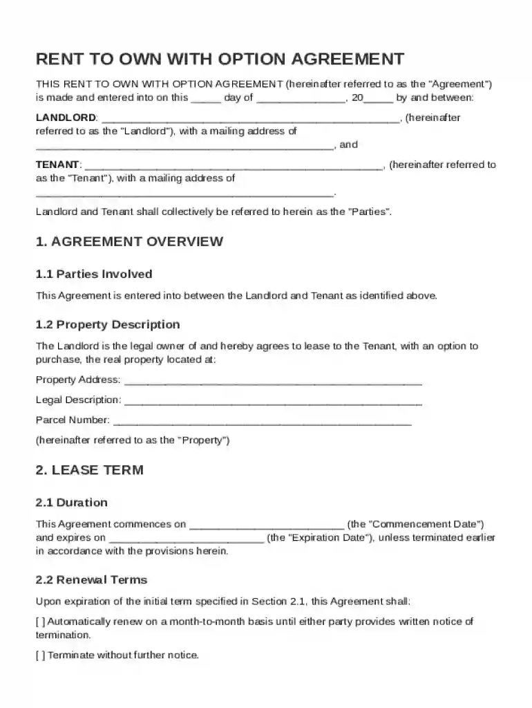 Rent to Own With Option Agreement Template Preview on Page 1