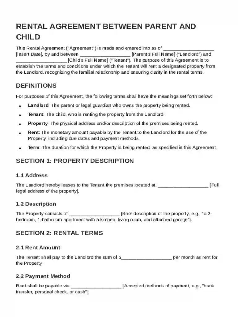 Rental Between Parent and Child Agreement Template Preview on Page 1