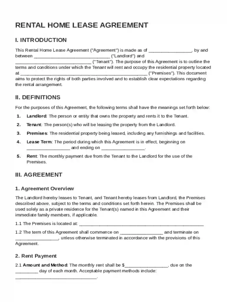 Rental Home Lease Agreement Template Preview on Page 1