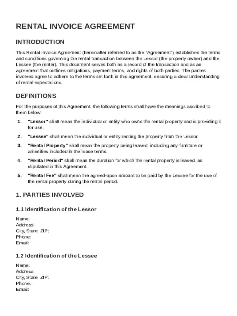 Rental Invoice Agreement Template Preview on Page 1